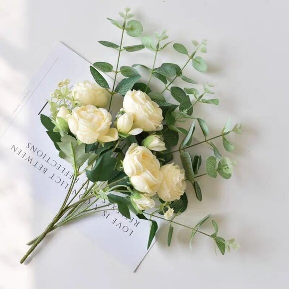 Artificial Flowers with Metal Vase, Champagne Peonies, Eucalyptus - Picture 3 of 3